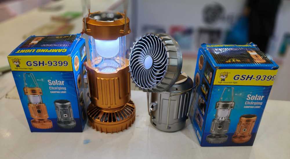 6-in-1 Portable Camping Lantern – Solar Rechargeable LED Light with Fan